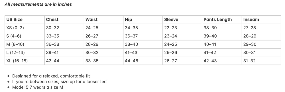 Riban  - Bamboo Long Sleeve Pajama Set Size Guide